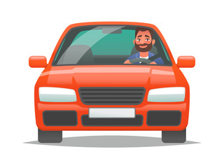 Happy man driving a red car. Sedan driver. Buying a new vehicle or a trip to work in personal transport