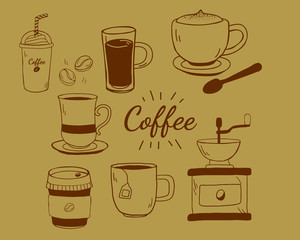 Obraz premium Set of hand drawn coffee doodles: drinks, desserts, beans and other related objects