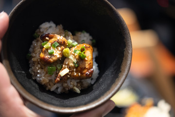 Grilled foie gras on top rice