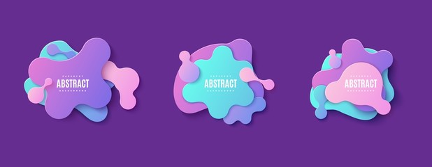 Set of liquid geometric shapes in paper cut style. Collection of three gradient color memphis bubble layered cut out of cardboard. Modern vector banner with fluid violet, coral and blue splash.