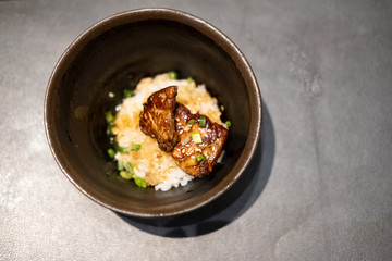 Grilled foie gras on top rice
