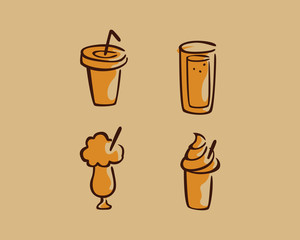 Set of hand drawn coffee doodles: drinks, desserts, beans and other related objects