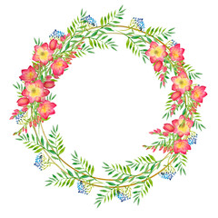 wreath with green leaves and red freesia flower in a gold round frame. Watercolor floral illustration