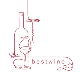 Glass and wine bottle. Single line. Drawing in modern style. Design element for wine tasting, menu, wine list, restaurant, winery, shop, vineyard, booklet, .brochure design. Continuous line