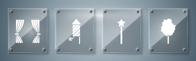 Set Cotton candy, Magic wand, Firework rocket and Curtain. Square glass panels. Vector © Oksana