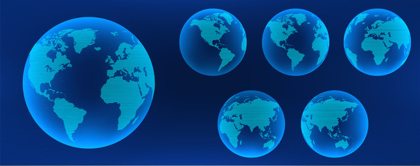 Futuristic 3D Earth Globe set from different angles, full map. Technological 3D world map of stripes with transparent texture. Vector collection HUD hologram Earth Globe