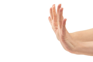 Woman hand isolated on white background.