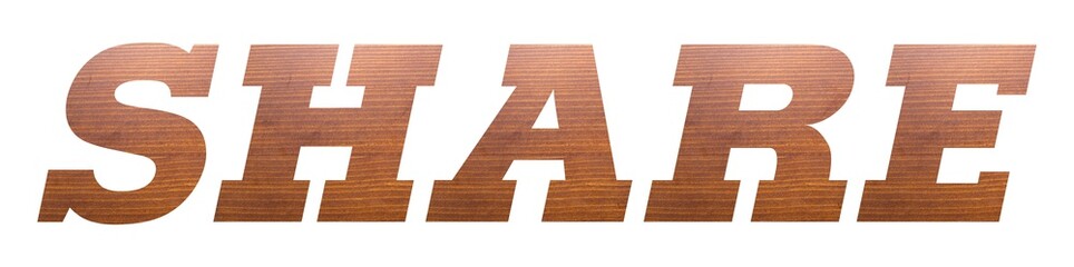 SHARE word with brown wooden texture on white background.