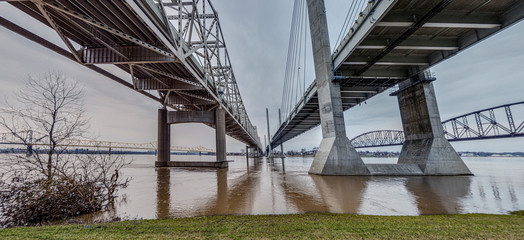 Ground perspective view on John F. Kennedy Memorial Bridge and Abraham Lincoln Bridge in Louisville...