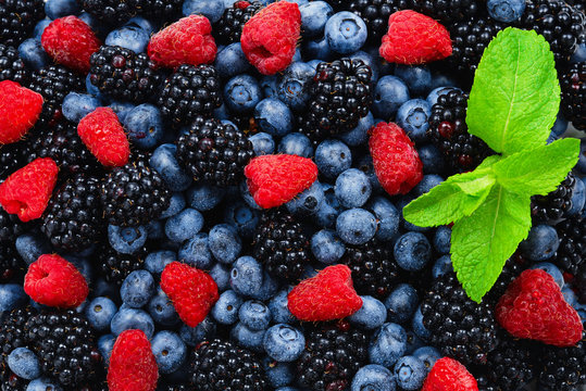 Blackberry, raspberry, blueberry and mint background.