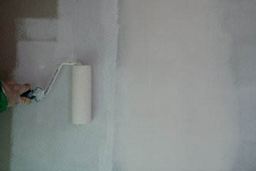 Roller painting white wall, ceiling with white paint