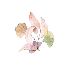 Watercolor illustration hand painting forest leaves flowers seeds winter autumn fall wrapping fabric wallpaper textile bed linen poster decor postcard