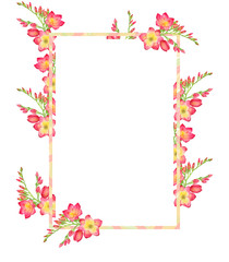 Watercolor illustration Square frame with green leaves and red freesia bouquet, branch with buds .