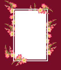 Watercolor illustration Square frame with green leaves and red freesia bouquet, branch with buds .