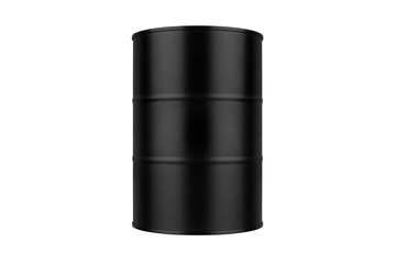 Black round metal barrel on white background isolated close up, oil drum, steel keg, tin canister,...