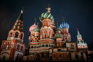 Moscow, Russia. Domes of St. Basil’s Cathedral at night.