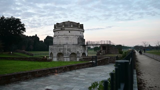 Ravenna, Italy, December 2019. The mausoleum of Theodoric is the most famous funerary construction of the Ostrogoths. There is a flat park: you can immediately notice it with its imposing structure