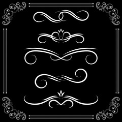 Vintage floral dividers. Ornamental decorations on black background