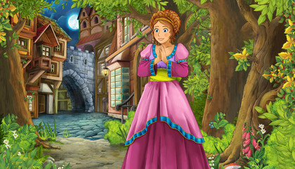 Obraz na płótnie Canvas cartoon scene with princess in the forest near the city street romantic illustration for children
