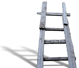 Old wooden vintage ladder with shadow isolated over white background