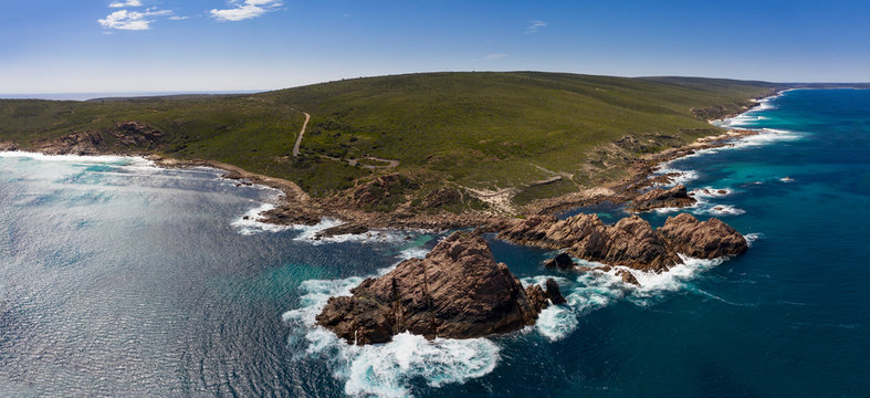 Aerial panorama of Sugarloaf Rock, which is a large, natural granite island in the Indian Ocean  approximately 2 kilometres south of Cape Naturaliste near Busselton in Western Australia.