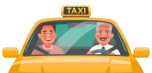 Taxi driver man and passenger ride in a yellow car. Online ordering taxi services through the application © tynyuk