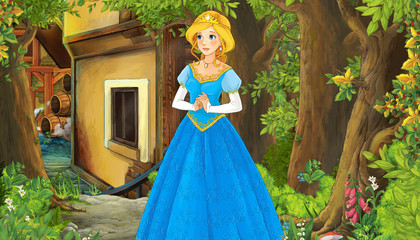 Obraz na płótnie Canvas cartoon scene with princess in the forest near the city street romantic illustration for children