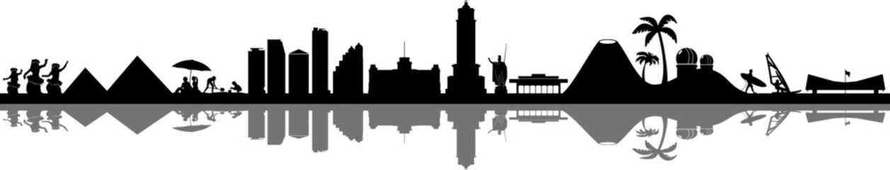Obraz premium island, sun, beach, palm, outline, apartment, skyscraper, white, view, vector, urban, travel, modern, landscape, landmark, isolated, illustration, house, graphic, downtown, cityscape, city, building, 