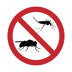 Vector silhouette no mosquito and fly mark on white background. Symbol of stop malaria and dengue disease.