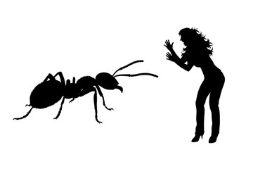 Vector silhouette of woman who cry at ant on white background. Symbol of fear of insect.