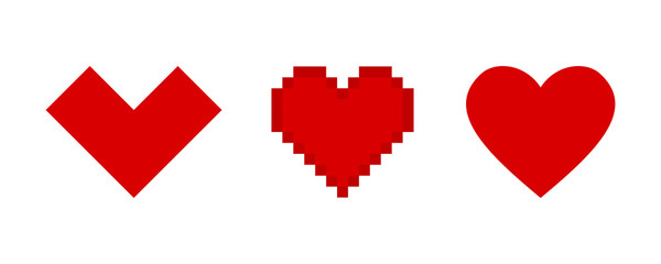 Hearts vector pixel icons isolated on white background. Vector illustration. Red flat design.