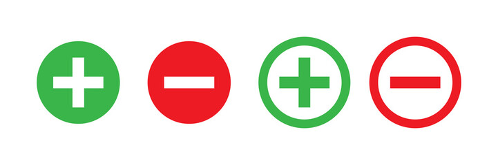 Plus and minus vector isolated green and red icon. Vector illustration. Plus icon simple add sign vector cross. Opportunity symbol. Check mark icon. - obrazy, fototapety, plakaty