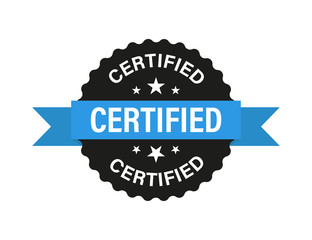 Certified vector isolated sign with blue ribbon on white background. Certified product. Vector label tag. Verified vector. Certified seal icon.