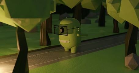 Cute little character, green skin and one eyed doodle with glasses running through forest. 3d character concept.