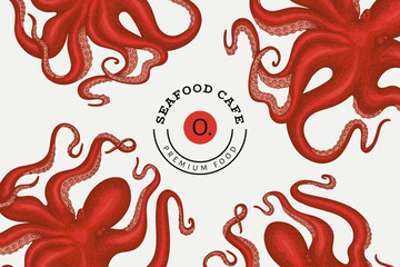 Octopus design template. Hand drawn vector seafood illustration. Engraved style squid banner. Retro zoology background