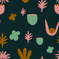 Seamless vector floral modern pattern on the dark background. Vector illustration for wallpaper, postcard, invitation, greeting card, textile, clothes etc.