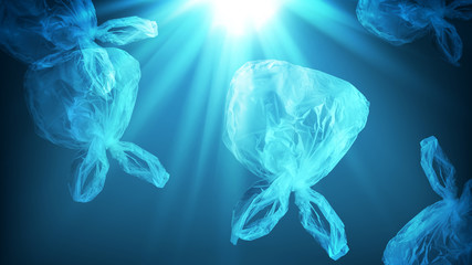 creative background of single-use transparent plastic bag in form of jellyfish floating in sea or...