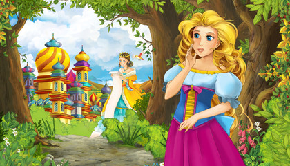Obraz na płótnie Canvas Cartoon nature scene with beautiful girl princess and castle - i