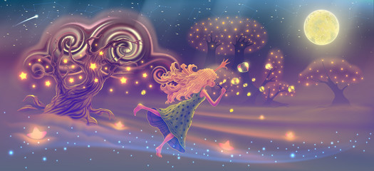 Fantasy forest landscape with dreaming girl blowing soap bubbles in the sky with magic trees, stars, moon, fairy tale panoramic vector illustration, imaginary world