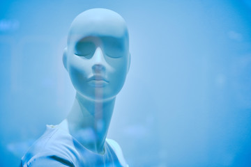Female bust mannequin in light clothing. Color of 2020. Classic blue toned.