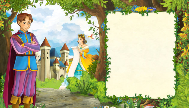 cartoon scene with princess in the forest near the castle romantic illustration for children