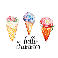 Watercolor waffle cone flower drawing art background