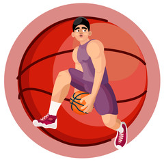 2.	Basketball player dribbles. Dribbling. Basketball player on the background of a large basketball. Olympic sport.