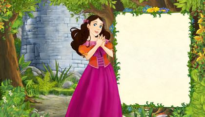 Cartoon nature scene with castle tower in the forest with frame