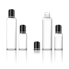 Cosmetic transparent plastic bottle isolated on white background. Skin care bottles for gel, liquid, lotion, cream, shampoo, bath foam. Beauty product package, vector illustration.