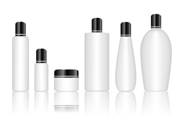 Cosmetic plastic bottle set isolated on white background. Skin care bottles for gel, liquid, lotion, cream, sunscreen. Beauty product package, vector illustration.