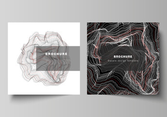 The minimal vector illustration of editable layout of two square format covers design templates for brochure, flyer, magazine. 3D grid surface, wavy vector background with ripple effect.