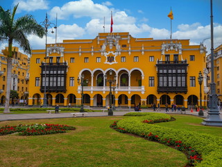 Yellow colors on front view of the Municipal Palace of Lima