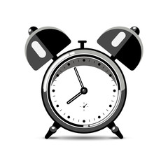 Bedroom table alarm clock with shadow isolated on white background. Time to wake up. Modern flat design style. Monochrome vector illustration.