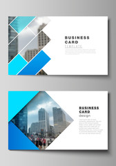 The minimalistic abstract vector illustration of the editable layout of two creative business cards design templates. Abstract geometric pattern creative modern blue background with rectangles.